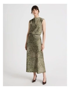 Satin Midi Skirt in Olive Ocelot Print