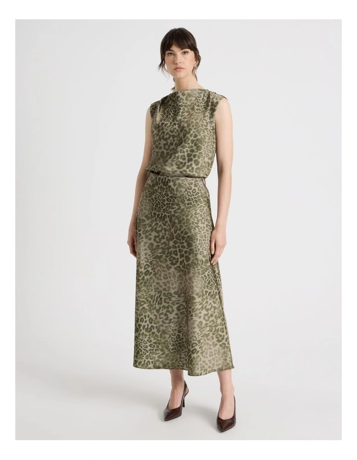 Satin Midi Skirt in Olive Ocelot Print image 1