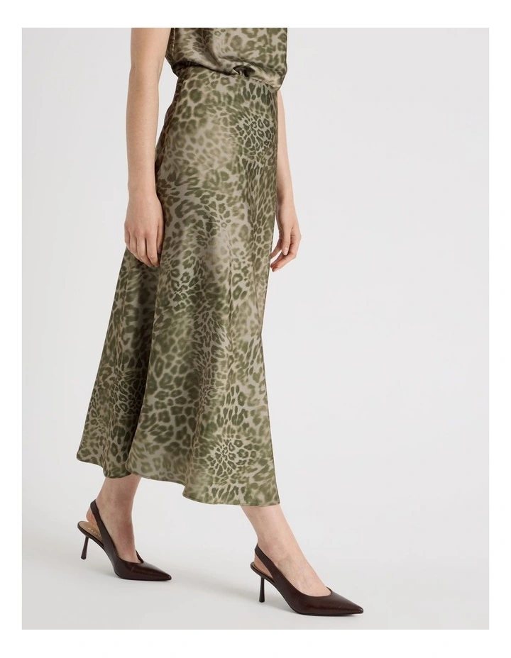 Satin Midi Skirt in Olive Ocelot Print image 2