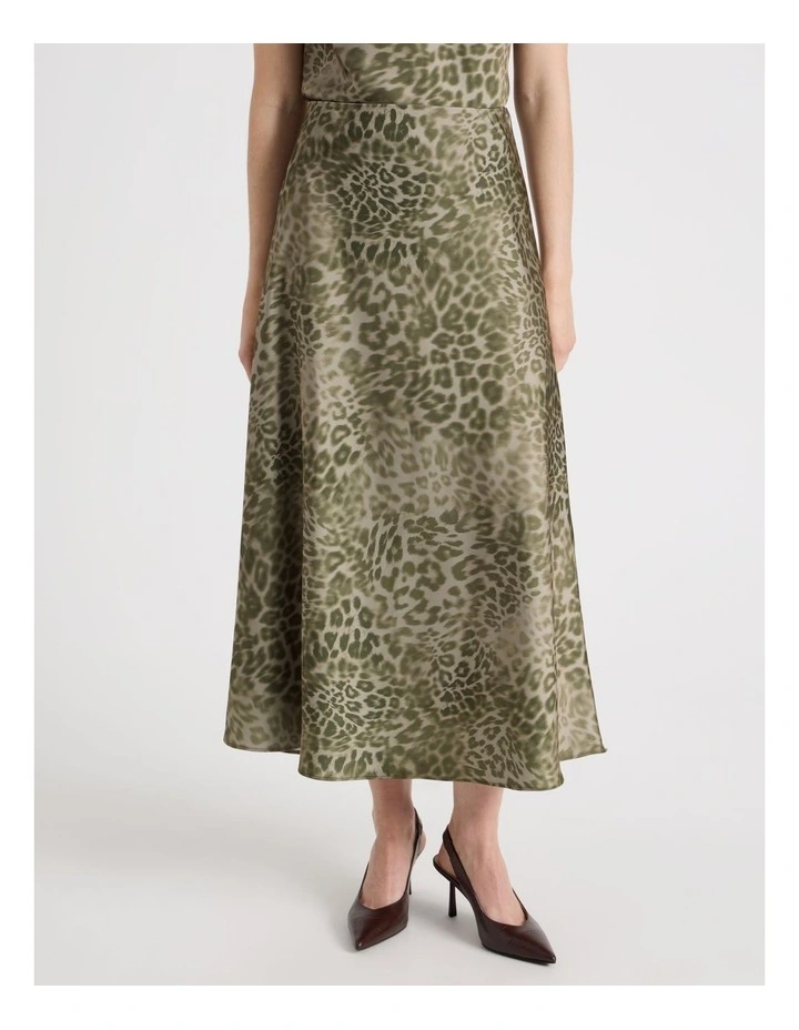 Satin Midi Skirt in Olive Ocelot Print image 3