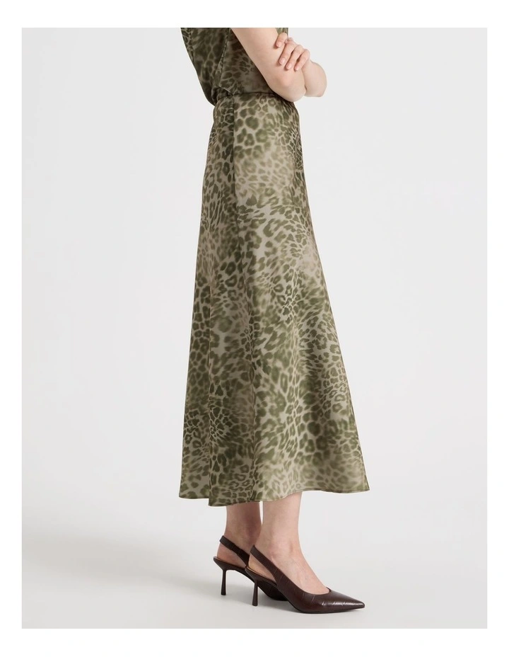 Satin Midi Skirt in Olive Ocelot Print image 4