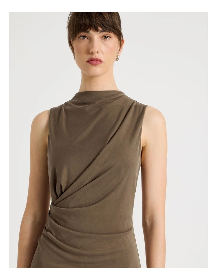 Jersey Sleeveless Long Dress in Khaki image 2