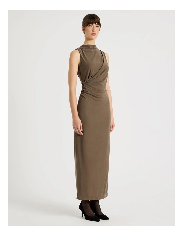 Jersey Sleeveless Long Dress in Khaki image 3