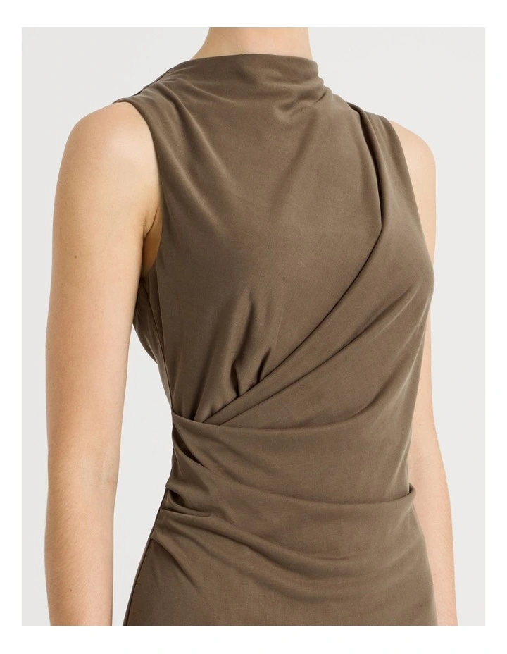 Jersey Sleeveless Long Dress in Khaki image 4