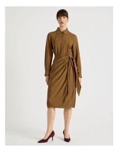 Long Sleeve Wrap Shirt Crinkle Midi Dress in Chestnut