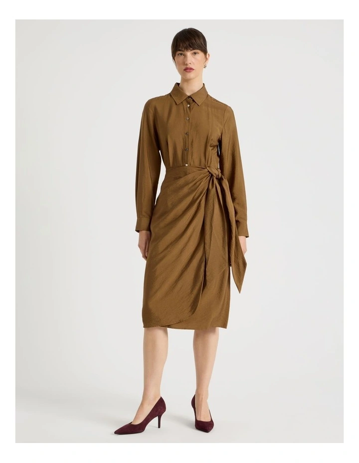 Long Sleeve Wrap Shirt Crinkle Midi Dress in Chestnut image 1