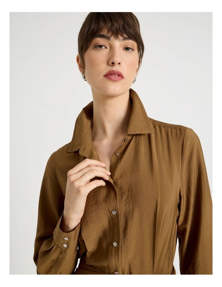 Long Sleeve Wrap Shirt Crinkle Midi Dress in Chestnut image 2