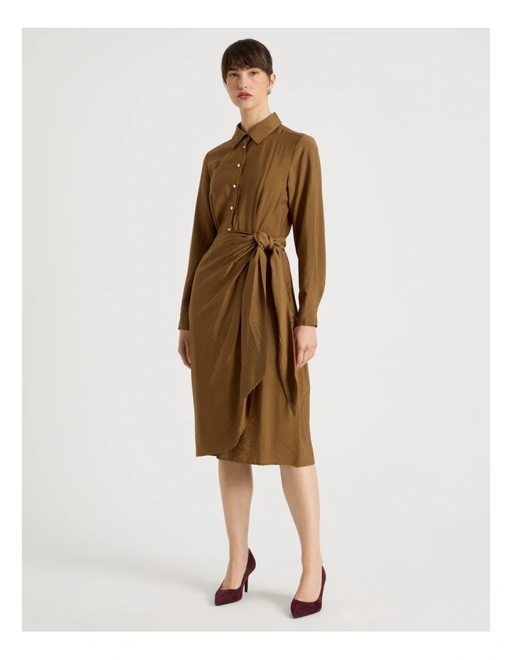 Long Sleeve Wrap Shirt Crinkle Midi Dress in Chestnut image 5