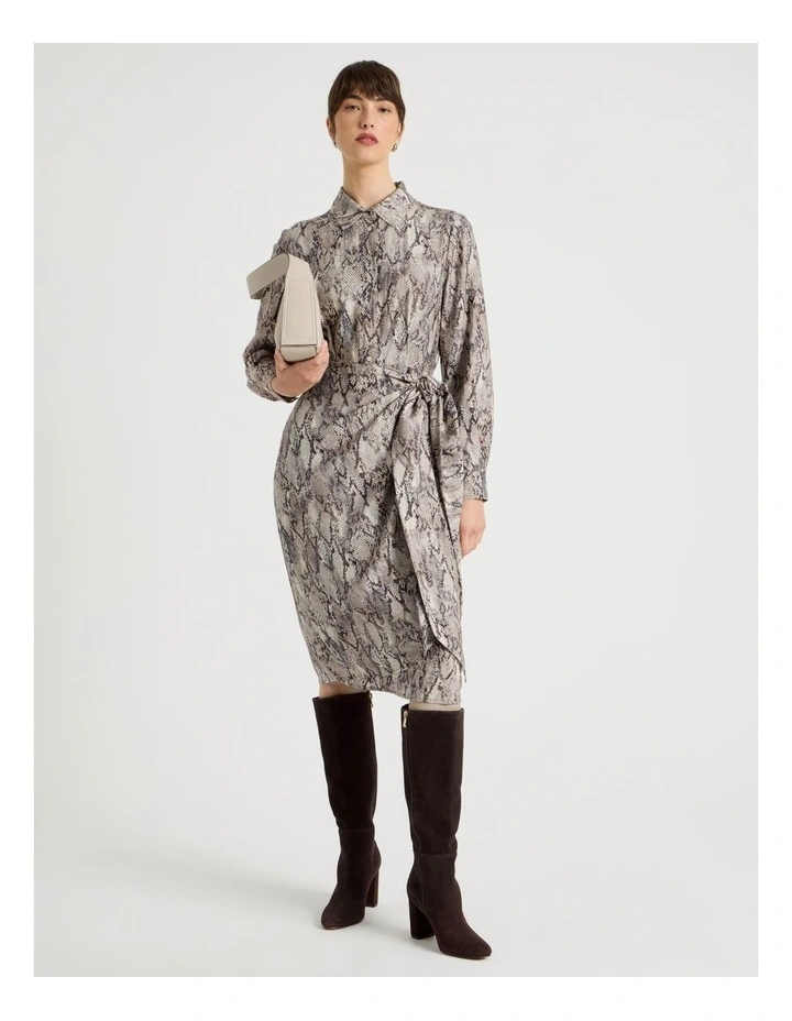 Long Sleeve Wrap Shirt Crinkle Midi Dress Snake Print image 1
