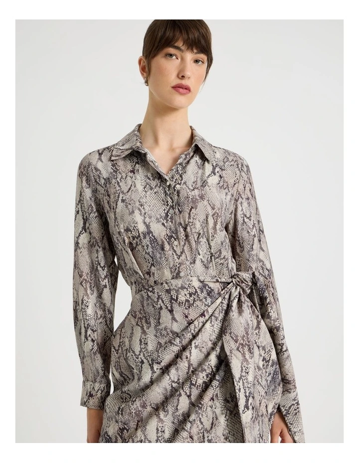 Long Sleeve Wrap Shirt Crinkle Midi Dress Snake Print image 2