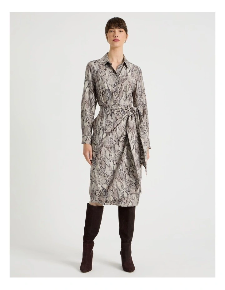 Long Sleeve Wrap Shirt Crinkle Midi Dress Snake Print image 3