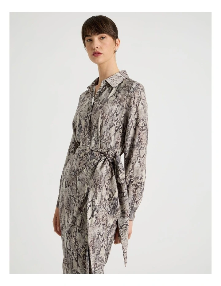 Long Sleeve Wrap Shirt Crinkle Midi Dress Snake Print image 4