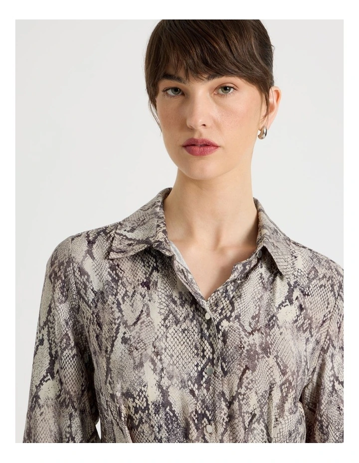 Long Sleeve Wrap Shirt Crinkle Midi Dress Snake Print image 5
