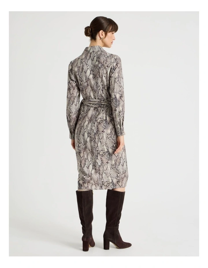 Long Sleeve Wrap Shirt Crinkle Midi Dress Snake Print image 6