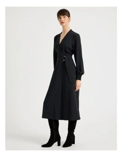 Long Sleeve Wrap Poly Twill Midi Dress in Black