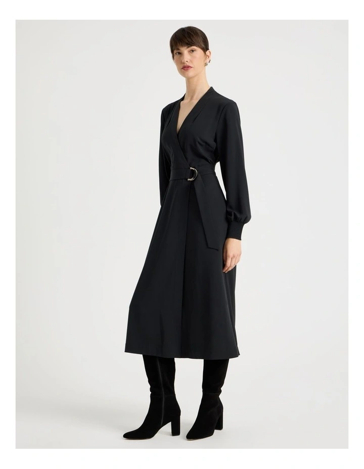 Long Sleeve Wrap Poly Twill Midi Dress in Black image 1