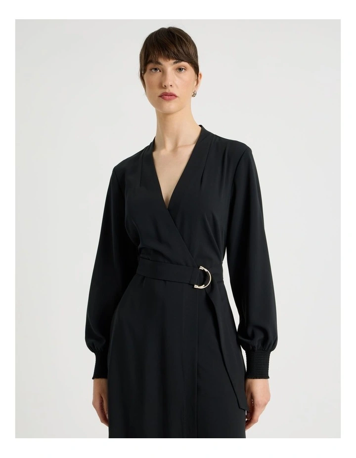 Long Sleeve Wrap Poly Twill Midi Dress in Black image 2