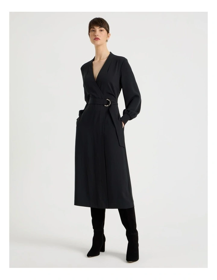 Long Sleeve Wrap Poly Twill Midi Dress in Black image 3