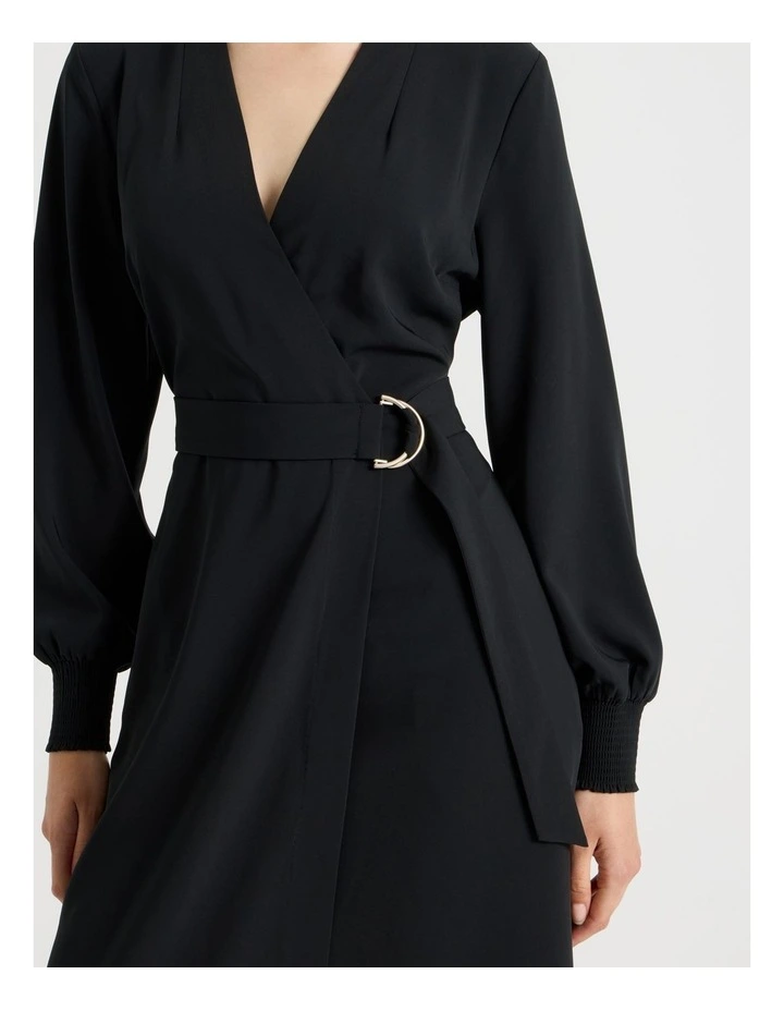 Long Sleeve Wrap Poly Twill Midi Dress in Black image 4