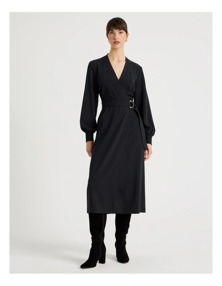 Long Sleeve Wrap Poly Twill Midi Dress in Black image 5