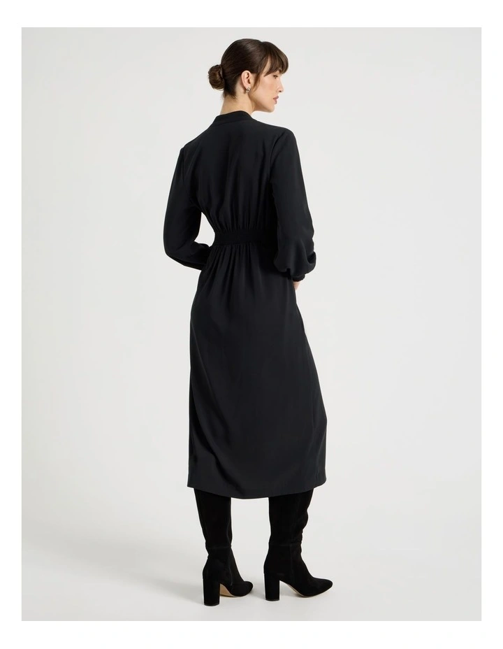 Long Sleeve Wrap Poly Twill Midi Dress in Black image 6