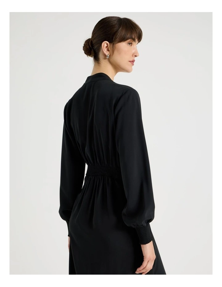 Long Sleeve Wrap Poly Twill Midi Dress in Black image 7