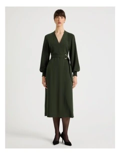 Long Sleeve Wrap Poly Twill Midi Dress in Dark Green