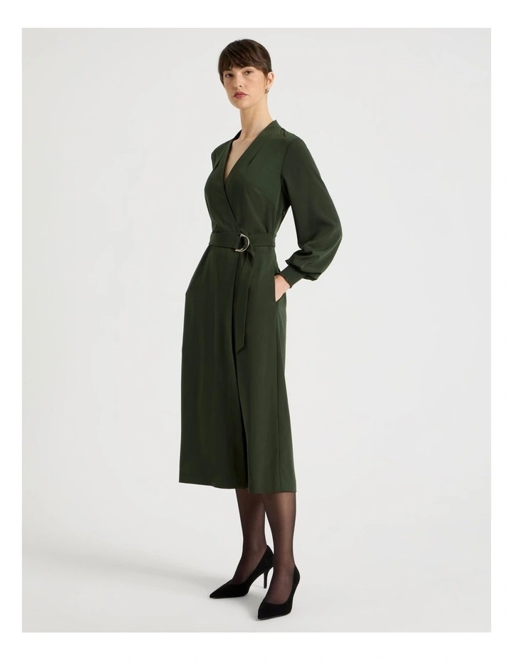 Long Sleeve Wrap Poly Twill Midi Dress in Dark Green image 3