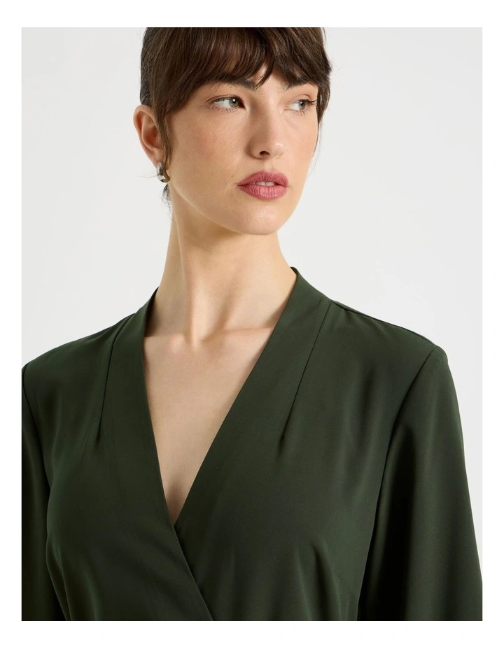Long Sleeve Wrap Poly Twill Midi Dress in Dark Green image 4
