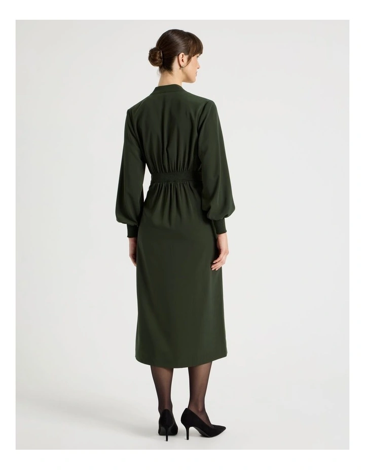Long Sleeve Wrap Poly Twill Midi Dress in Dark Green image 5