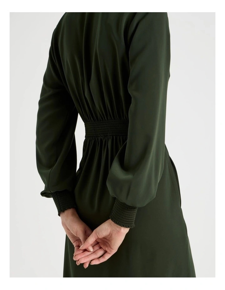 Long Sleeve Wrap Poly Twill Midi Dress in Dark Green image 6