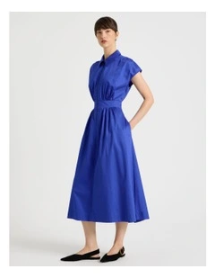 Zip Thru Cap Sleeve Cotton Sateen Midi Dress