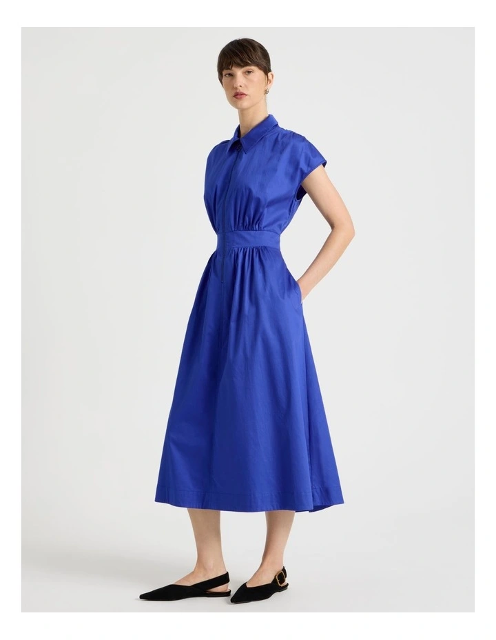Zip Thru Cap Sleeve Cotton Sateen Midi Dress image 1