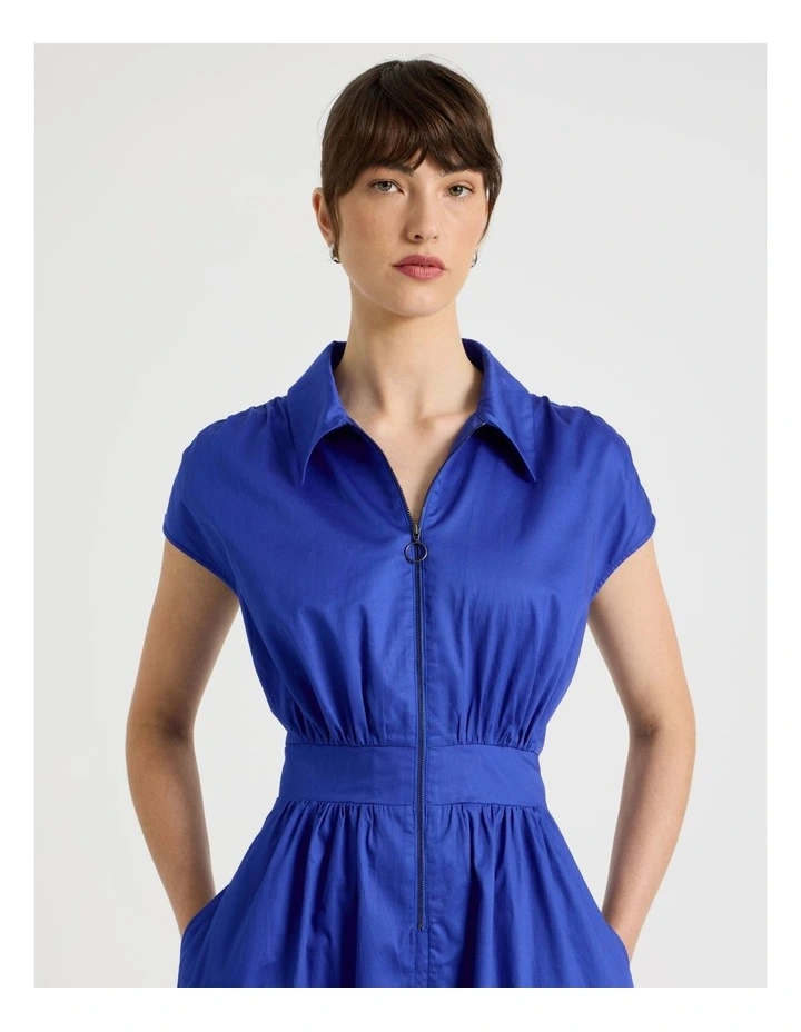 Zip Thru Cap Sleeve Cotton Sateen Midi Dress image 2