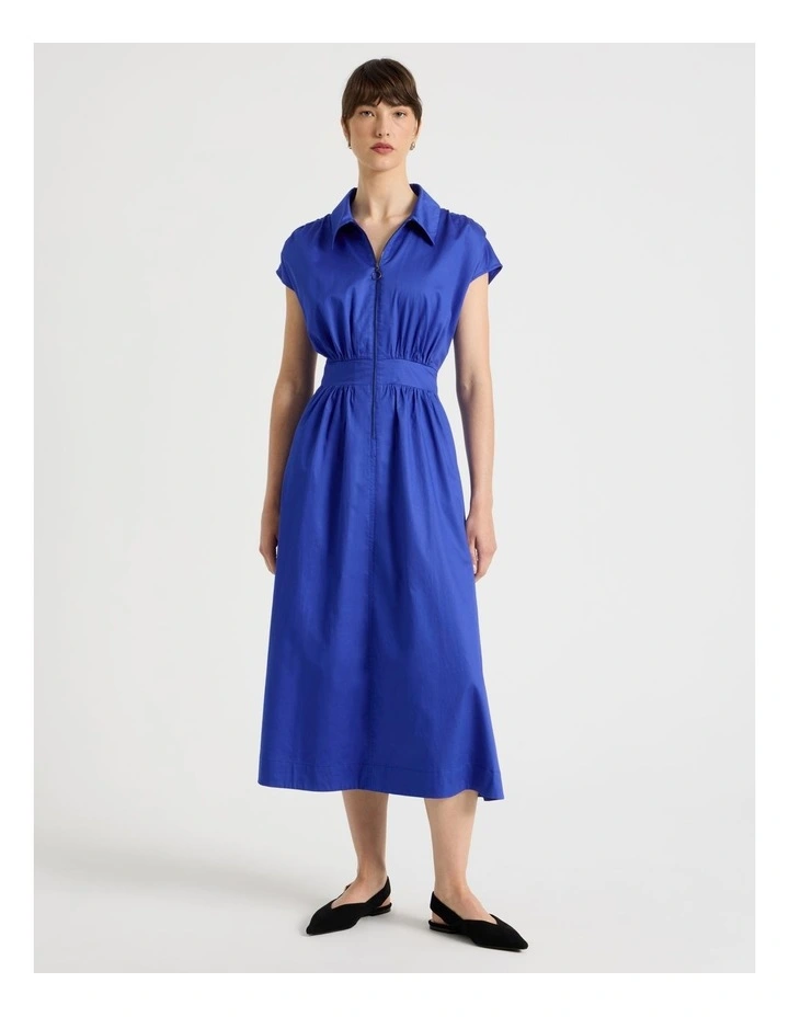 Zip Thru Cap Sleeve Cotton Sateen Midi Dress image 3