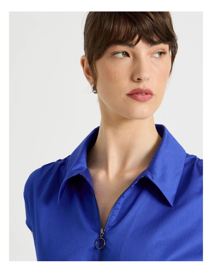 Zip Thru Cap Sleeve Cotton Sateen Midi Dress image 4