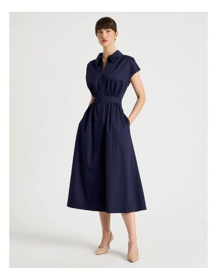 Zip Thru Cap Sleeve Cotton Sateen Midi Dress image 3