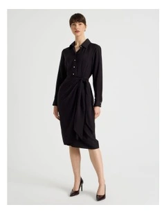 Long Sleeve Wrap Shirt Crinkle Midi Dress in Black