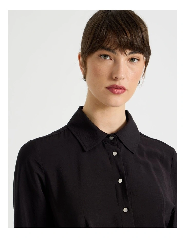 Long Sleeve Wrap Shirt Crinkle Midi Dress in Black image 3