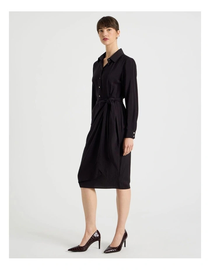 Long Sleeve Wrap Shirt Crinkle Midi Dress in Black image 4