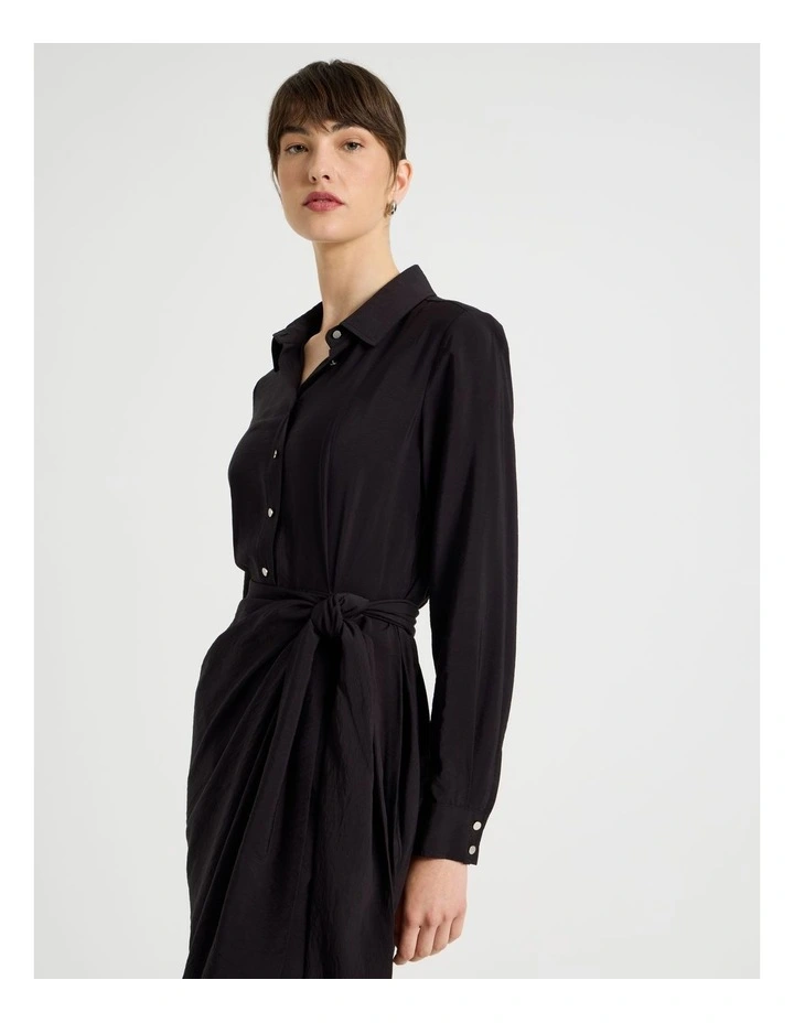 Long Sleeve Wrap Shirt Crinkle Midi Dress in Black image 5