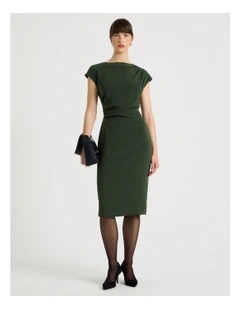 Stretch Heavy Crepe Midi Dress in Dark Green