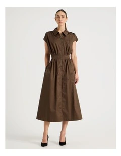 Zip Thru Cap Sleeve Cotton Sateen Midi Dress