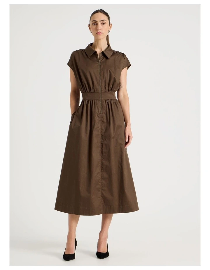 Zip Thru Cap Sleeve Cotton Sateen Midi Dress image 1