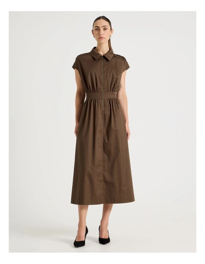 Zip Thru Cap Sleeve Cotton Sateen Midi Dress image 4