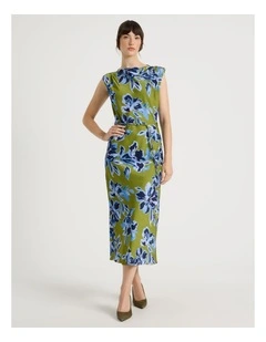 Cowl Neck Sleeveless Satin Midi Dress in Painterly Floral Print