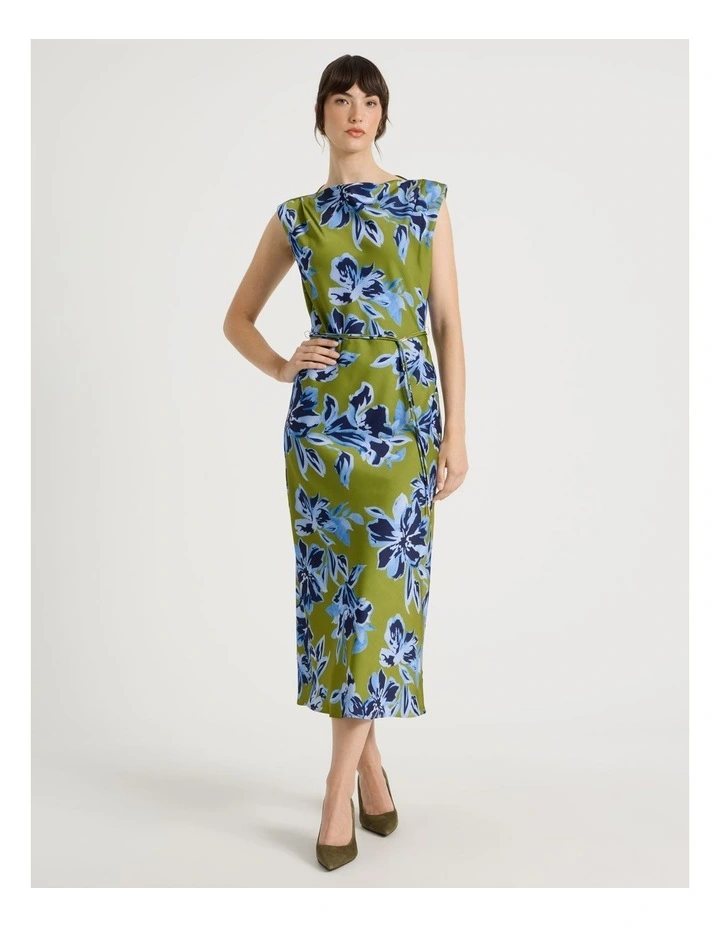 Cowl Neck Sleeveless Satin Midi Dress in Painterly Floral Print image 1