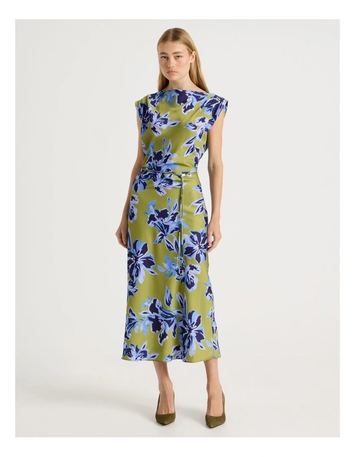 Cowl Neck Sleeveless Satin Midi Dress in Painterly Floral Print image 1