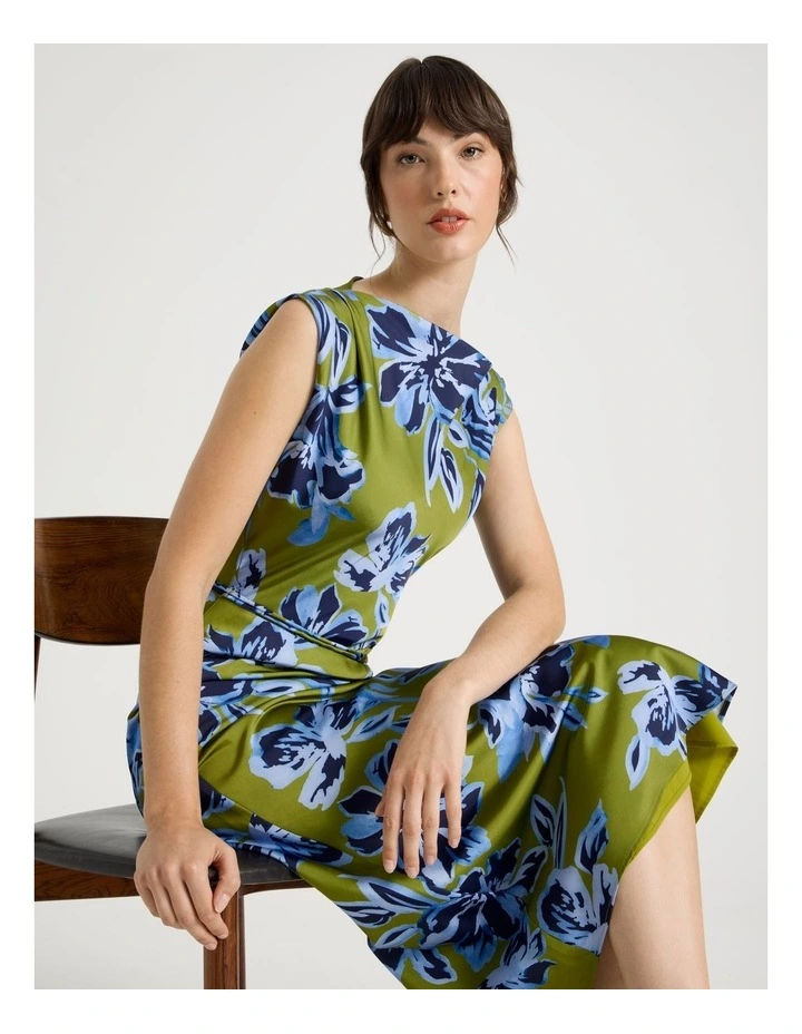 Cowl Neck Sleeveless Satin Midi Dress in Painterly Floral Print image 2