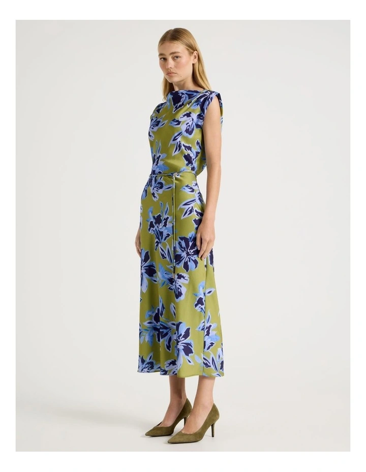 Cowl Neck Sleeveless Satin Midi Dress in Painterly Floral Print image 2